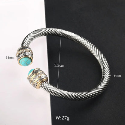 Retro Flower Stainless Steel Natural Stone Rhinestones Bangle In Bulk