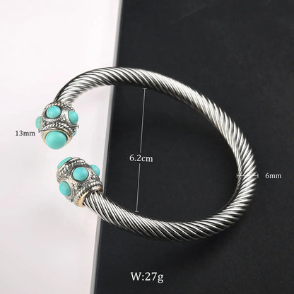 Retro Flower Stainless Steel Natural Stone Rhinestones Bangle In Bulk