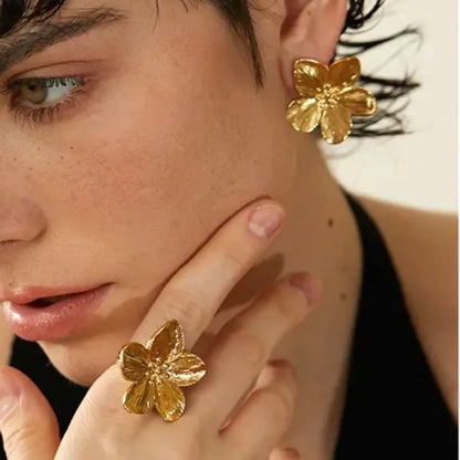 Retro Flower Stainless Steel Plating 18k Gold Plated Rings Earrings