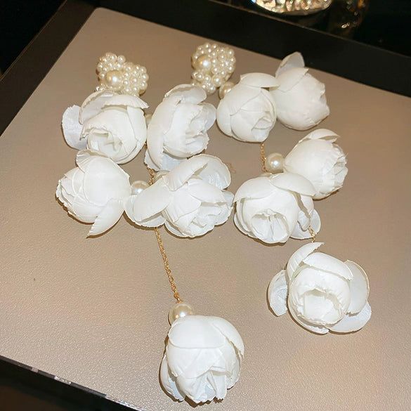 Retro Flower Tassel Pearl U Shaped Earrings For Women Set With Pearls Little Fresh Style