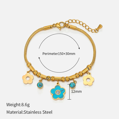 Retro Four Leaf Clover Eye Flower Stainless Steel Gold Plated Turquoise Bracelets