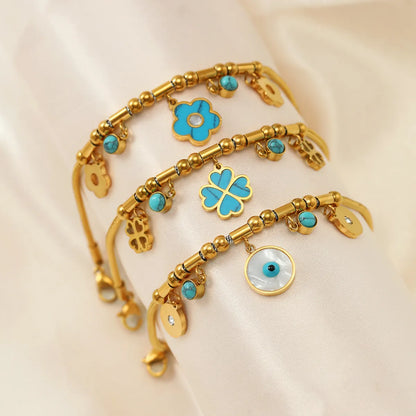 Retro Four Leaf Clover Eye Flower Stainless Steel Gold Plated Turquoise Bracelets