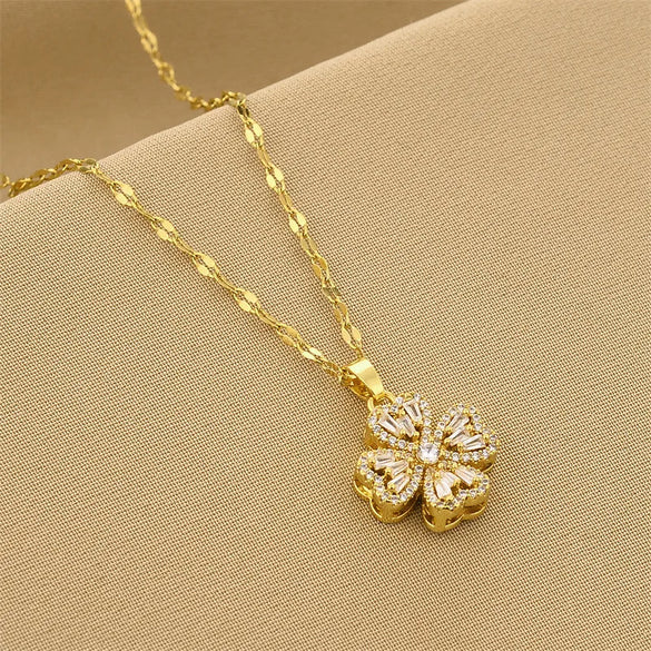 Retro Four Leaf Clover Titanium Steel Inlay Rhinestones Necklace