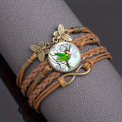 Retro French Style Artistic Infinity Hummingbird Butterfly Pu Leather Alloy Glass Inlay Glass Unisex Bracelets