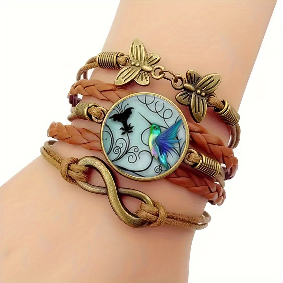 Retro French Style Artistic Infinity Hummingbird Butterfly Pu Leather Alloy Glass Inlay Glass Unisex Bracelets