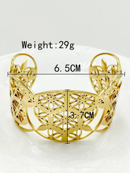 Retro French Style Flower Stainless Steel Plating Hollow Out 14k Gold Plated Bangle