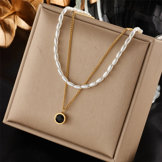 304 Stainless Steel Imitation Pearl 18K Gold Plated Retro French Style Plating Inlay Geometric Zircon Layered Necklaces