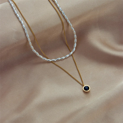 304 Stainless Steel Imitation Pearl 18K Gold Plated Retro French Style Plating Inlay Geometric Zircon Layered Necklaces