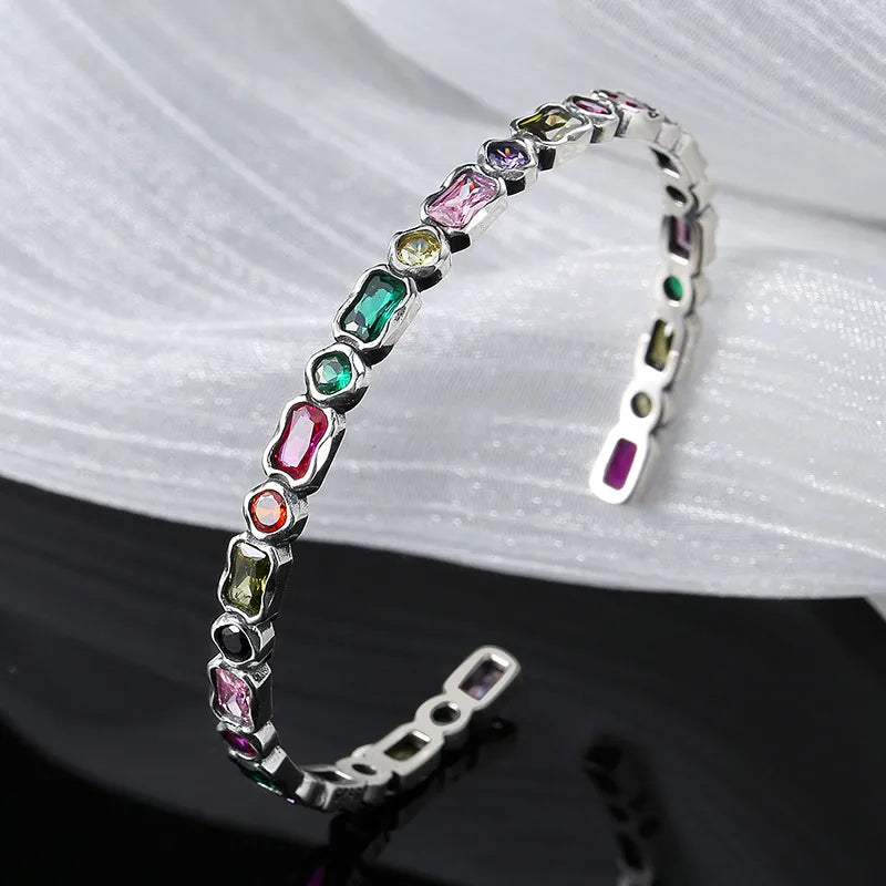 Retro French Style Irregular Sterling Silver Inlay Zircon Cuff Bracelets