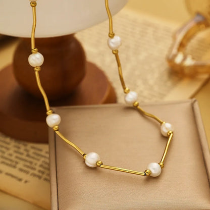 Retro French Style Simple Style Round 18K Gold Plated 304 Stainless Steel Imitation Pearl Wholesale Necklace