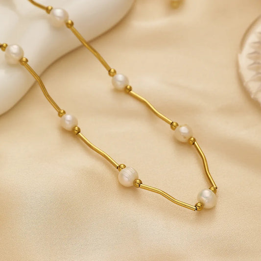 Retro French Style Simple Style Round 18K Gold Plated 304 Stainless Steel Imitation Pearl Wholesale Necklace