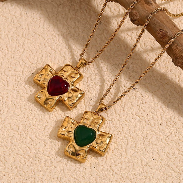 Retro French Style Stainless Steel Necklace Pendant With Hammer Pattern And Love Cross Twist Chain 18K Gold Plated