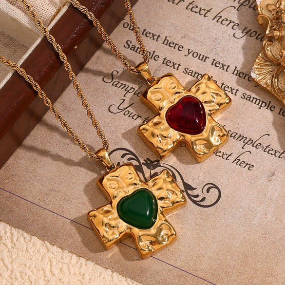 Retro French Style Stainless Steel Necklace Pendant With Hammer Pattern And Love Cross Twist Chain 18K Gold Plated
