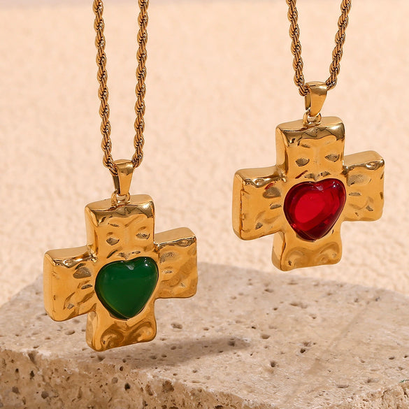 Retro French Style Stainless Steel Necklace Pendant With Hammer Pattern And Love Cross Twist Chain 18K Gold Plated