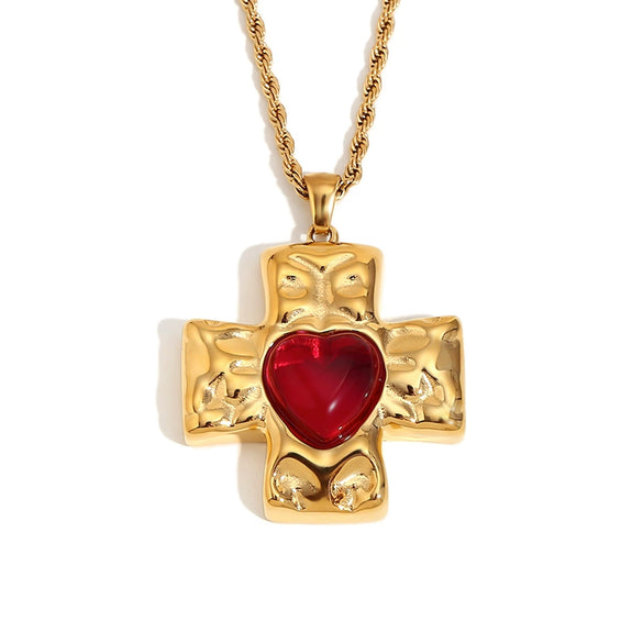 Retro French Style Stainless Steel Necklace Pendant With Hammer Pattern And Love Cross Twist Chain 18K Gold Plated