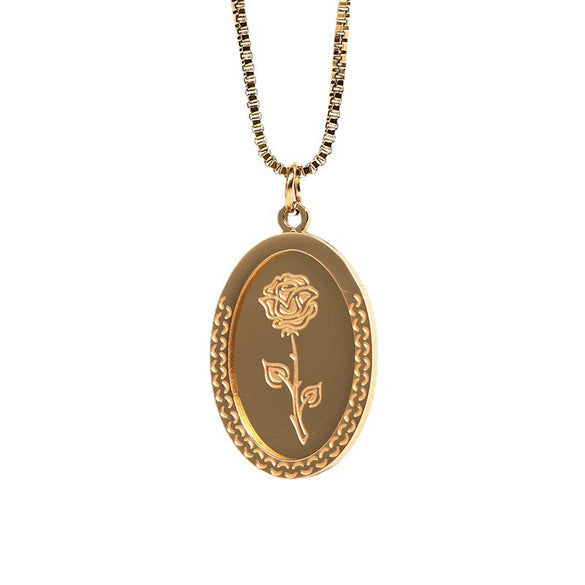 Retro French Vintage Oval Double Layer Rose Pendant Necklace In Titanium Steel With Flower Pattern Furnace Gold Finish