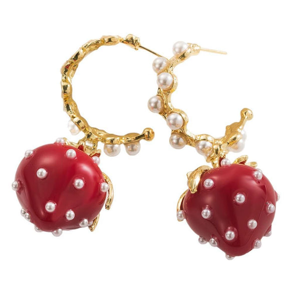 Retro Fruit Style Alloy Earrings For Women With Purple Rhinestone Pearl And Red Oval Strawberry Raffia Flower Design Set With Diamonds