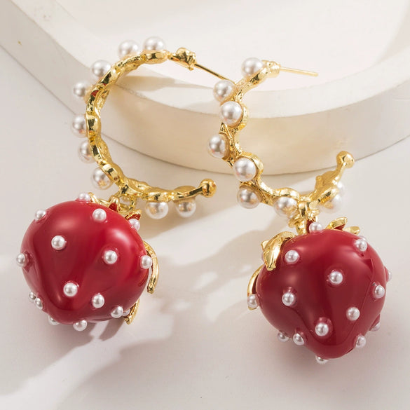 Retro Fruit Style Alloy Earrings For Women With Purple Rhinestone Pearl And Red Oval Strawberry Raffia Flower Design Set With Diamonds