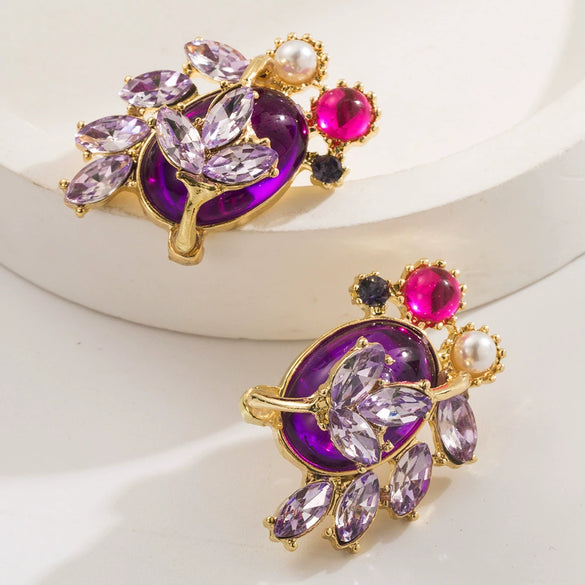 Retro Fruit Style Alloy Earrings For Women With Purple Rhinestone Pearl And Red Oval Strawberry Raffia Flower Design Set With Diamonds