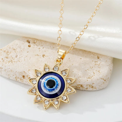 European Cross-border Sold Jewelry Vintage Full Diamond Sunflower Devil's Eye Pendant Necklace Turkish Eye Metal Necklace