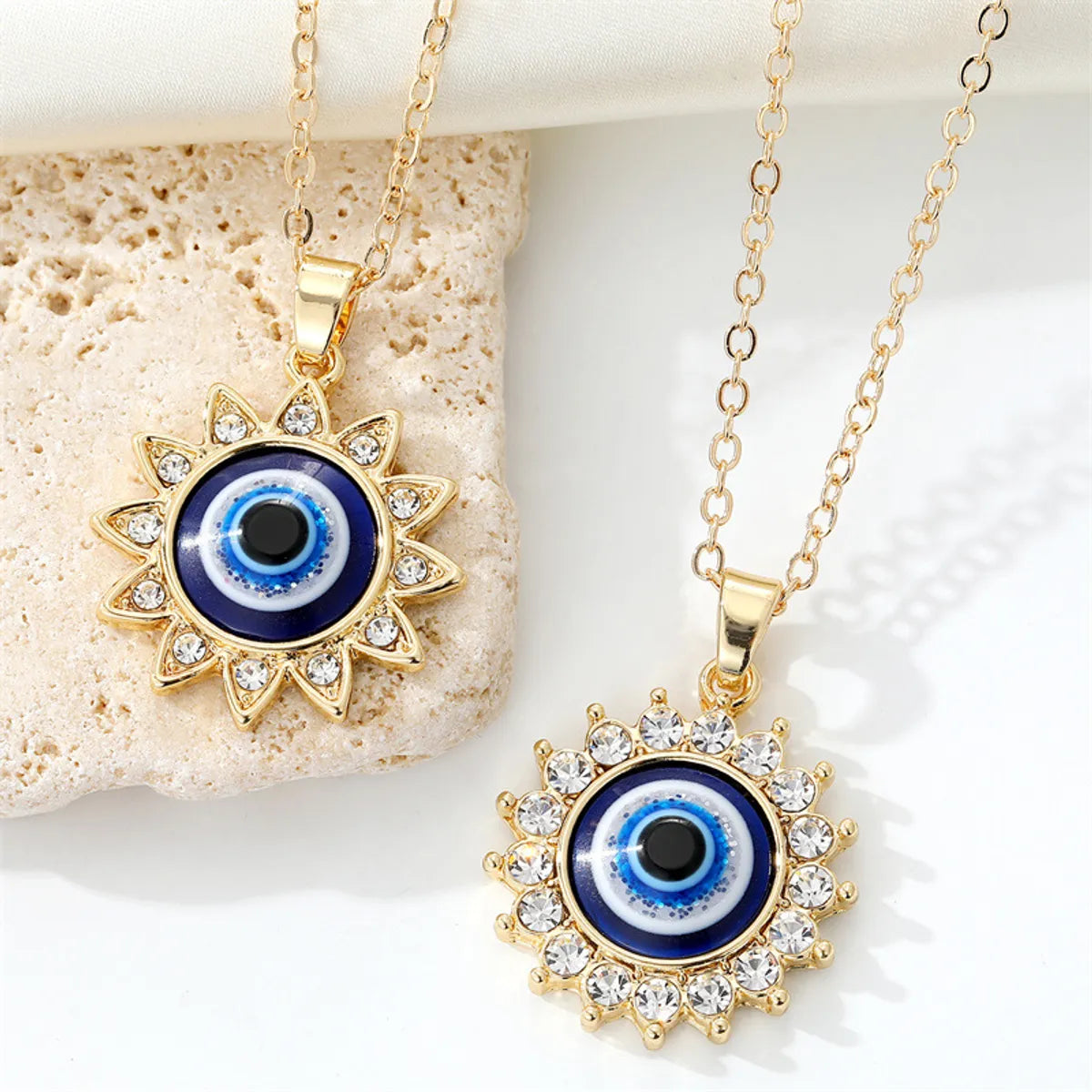 European Cross-border Sold Jewelry Vintage Full Diamond Sunflower Devil's Eye Pendant Necklace Turkish Eye Metal Necklace