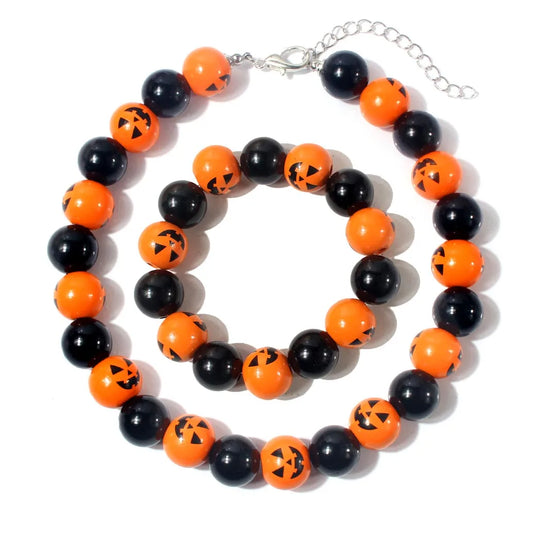 Retro Funny Halloween Pattern Pumpkin Wood Beaded Halloween Women'S Bracelets Necklace