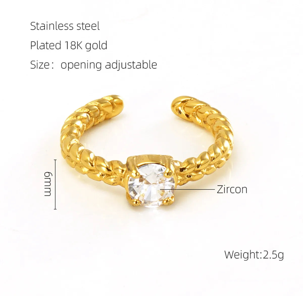 Retro Geometric 304 Stainless Steel 18K Gold Plated Zircon Open Rings In Bulk