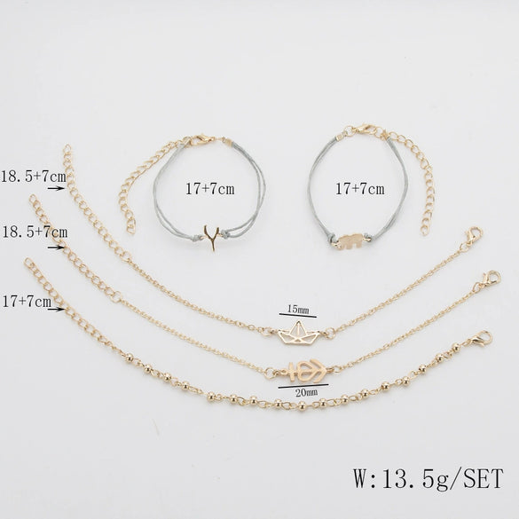 Retro Geometric Alloy Elephant Crown Letter Bead Chain Bracelet Set Electroplated Fashion Jewelry For Women