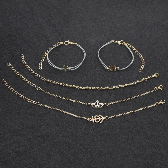 Retro Geometric Alloy Elephant Crown Letter Bead Chain Bracelet Set Electroplated Fashion Jewelry For Women