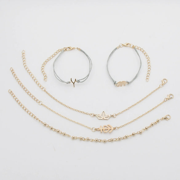 Retro Geometric Alloy Elephant Crown Letter Bead Chain Bracelet Set Electroplated Fashion Jewelry For Women
