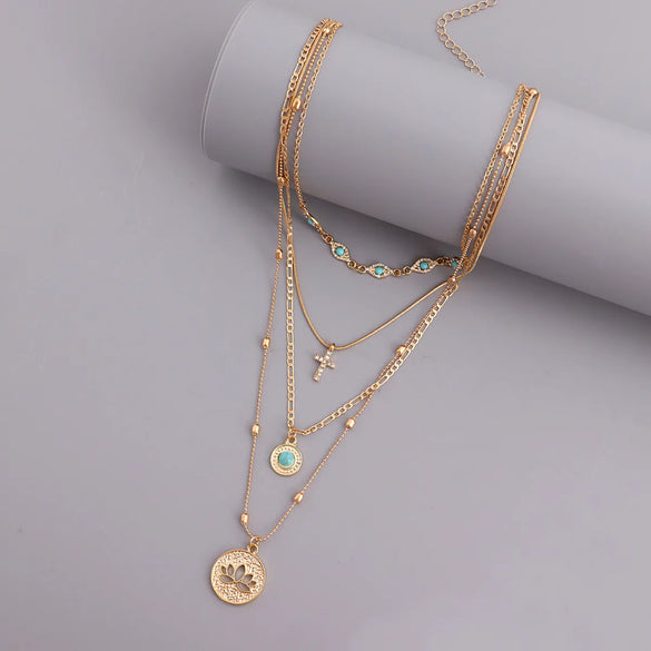 Retro Geometric Alloy Plating Inlay Turquoise Women'S Layered Necklaces