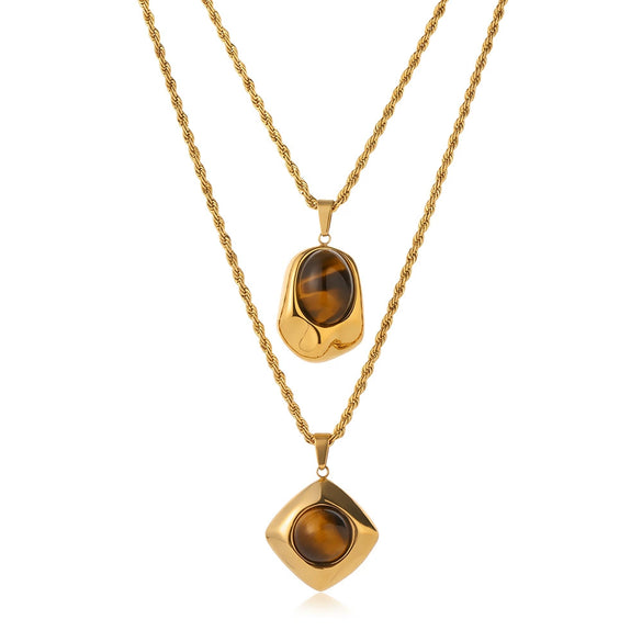 Retro Geometric Asymmetrical Stainless Steel Necklace With Tiger's Eye Stone And Vacuum Plated Finish For Women