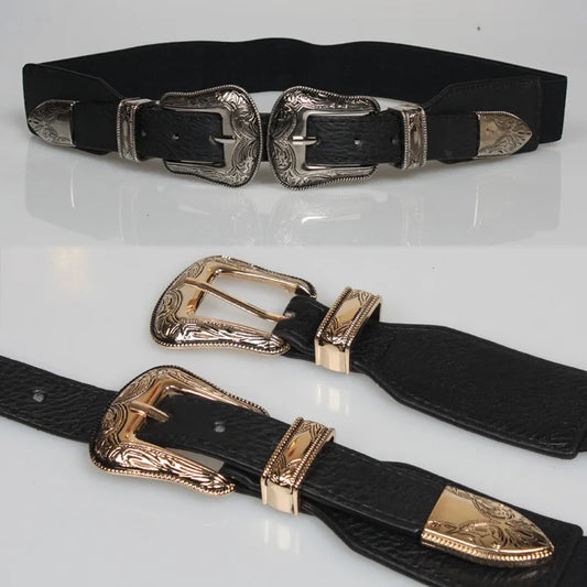 Retro Geometric Carved Double-Headed Buckle Elastic Belt Wholesale Nihaojewelry