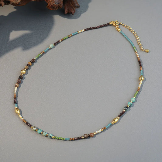 Retro Geometric Color Block Stainless Steel Natural Stone Turquoise Necklace In Bulk