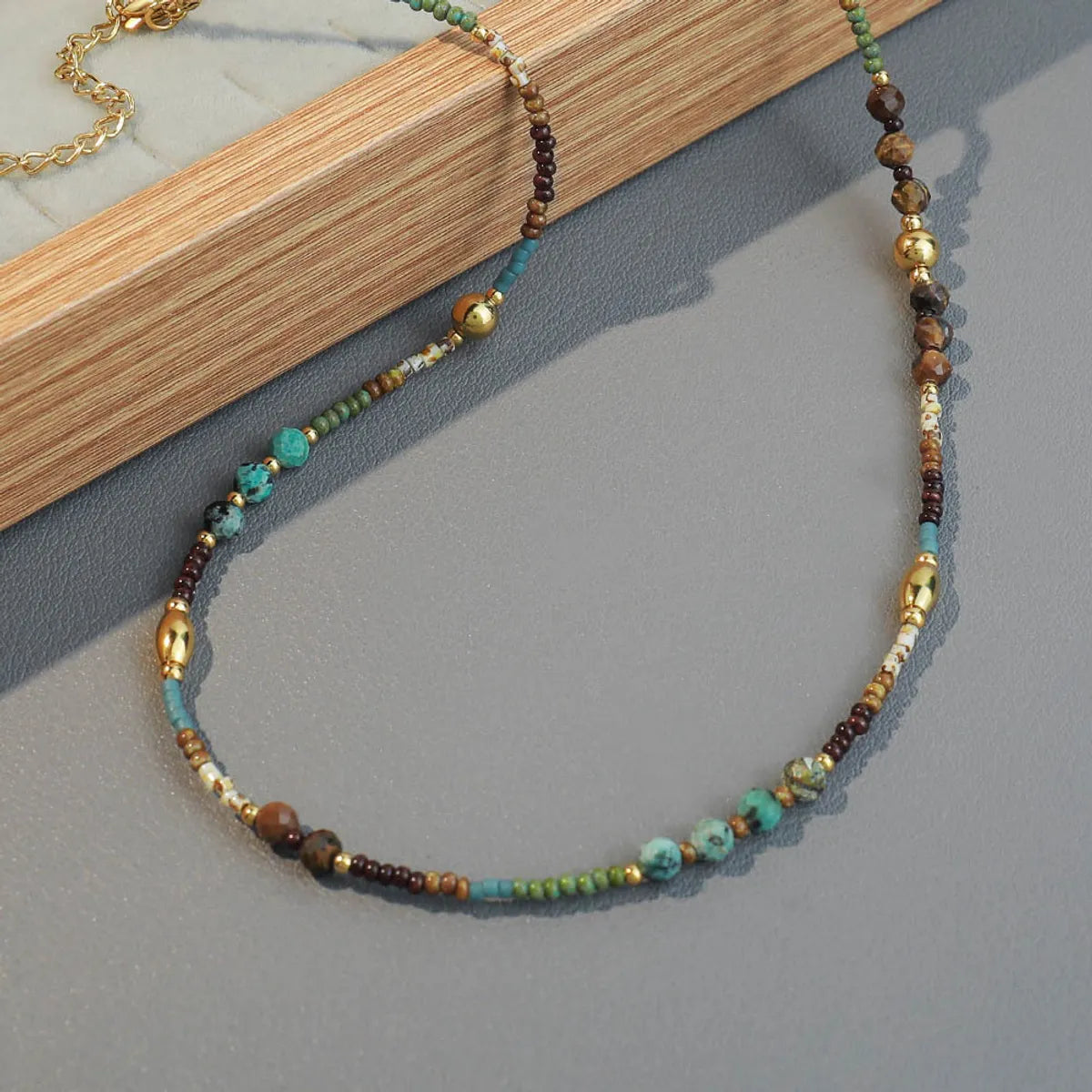 Retro Geometric Color Block Stainless Steel Natural Stone Turquoise Necklace In Bulk