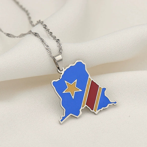 Retro Geometric Congo Map Pendant Necklace In Stainless Steel And Titanium Steel With Electroplated Water Wave Chain For Men And Women