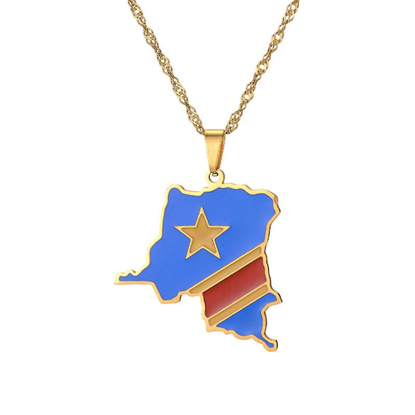 Retro Geometric Congo Map Pendant Necklace In Stainless Steel And Titanium Steel With Electroplated Water Wave Chain For Men And Women