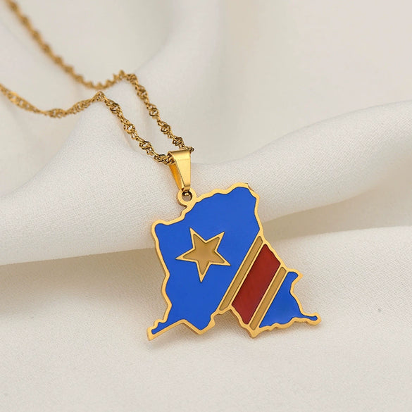 Retro Geometric Congo Map Pendant Necklace In Stainless Steel And Titanium Steel With Electroplated Water Wave Chain For Men And Women