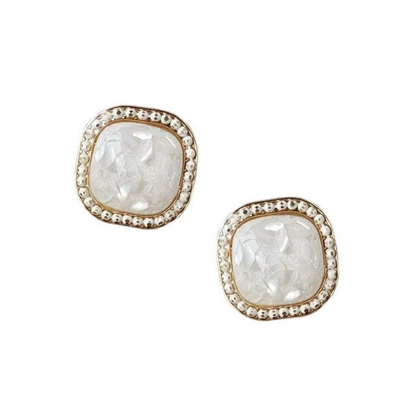 Retro Geometric Copper Earrings With White Shell Fragments And Square Gemstone Inlay For Women Fashion Jewelry