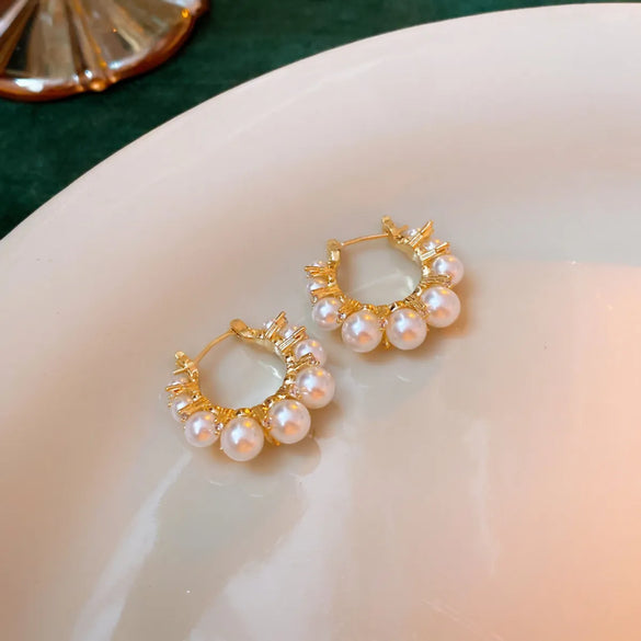 Retro Geometric Copper Inlay Artificial Pearls Zircon Ear Studs 1 Pair