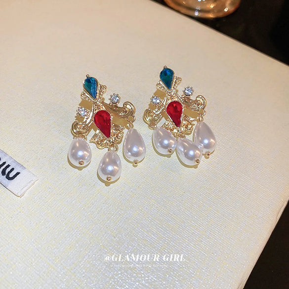 Retro Geometric Copper Inlay Artificial Pearls Zircon Ear Studs 1 Pair