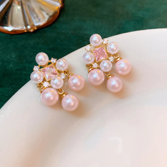 Retro Geometric Copper Inlay Artificial Pearls Zircon Ear Studs 1 Pair