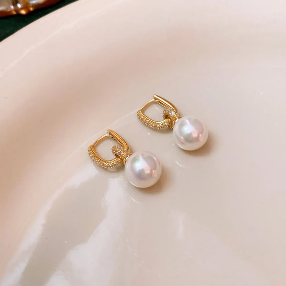 Retro Geometric Copper Inlay Artificial Pearls Zircon Ear Studs 1 Pair
