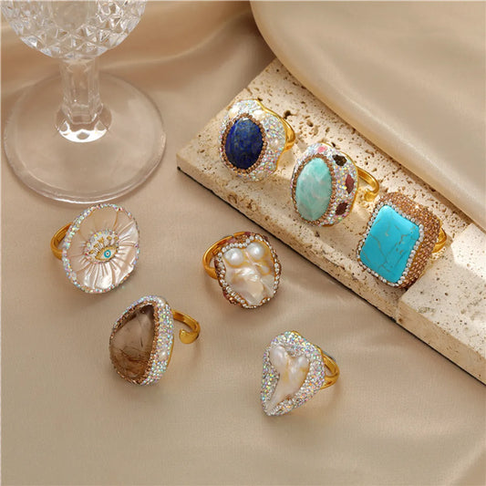 Retro Geometric Copper Plating Natural Stone Pearl Shell Open Ring