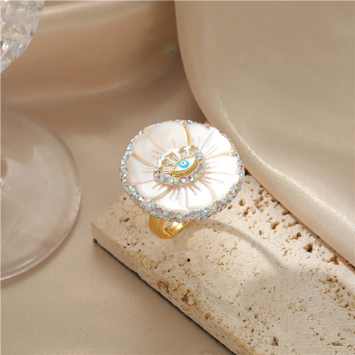 Retro Geometric Copper Plating Natural Stone Pearl Shell Open Ring