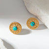 Retro Geometric Embossed Turquoise Inlay Stainless Steel Earrings For Women With Electroplating Design