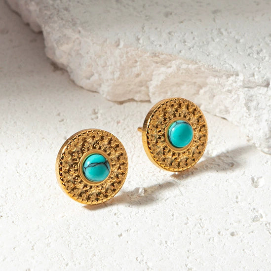 Retro Geometric Embossed Turquoise Inlay Stainless Steel Earrings For Women With Electroplating Design