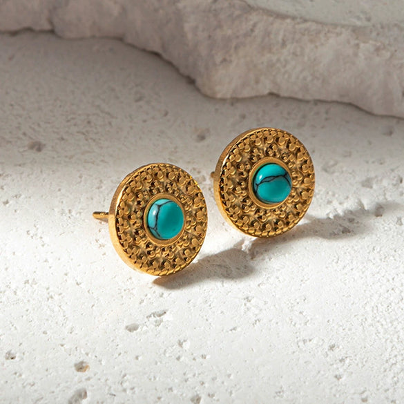 Retro Geometric Embossed Turquoise Inlay Stainless Steel Earrings For Women With Electroplating Design