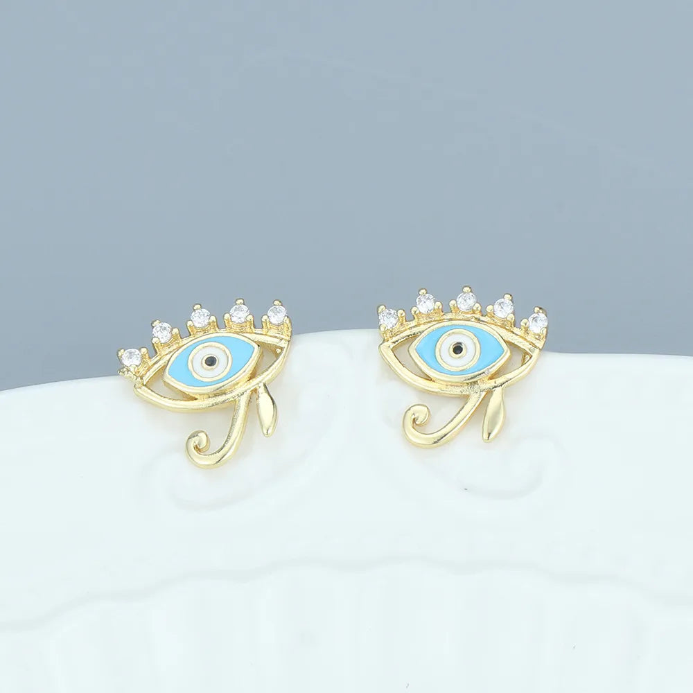 Retro Geometric Eye Copper Ear Studs Stoving Varnish Zircon Copper Earrings