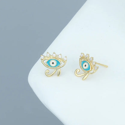 Retro Geometric Eye Copper Ear Studs Stoving Varnish Zircon Copper Earrings